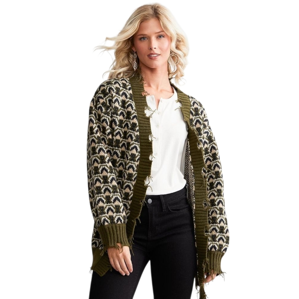 BKE Distressed Flyaway Cardigan Olive Navy Open Front Draped Knit Large NWOT
